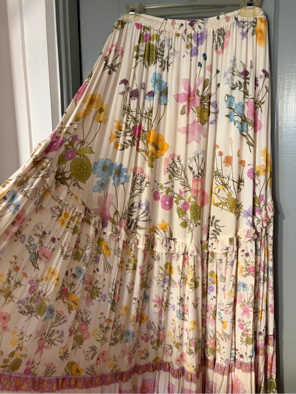 Spell Wild Bloom NWT White Floral Tiered Maxi Skirt with Pastel Accents - Picture 8 of 8